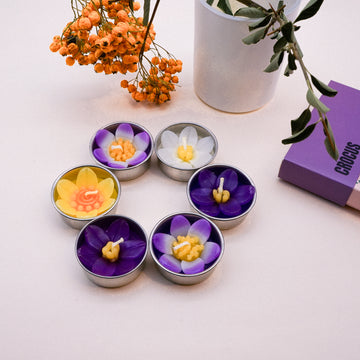 Inspired by beautiful crocuses, we create these assorted crocus tealights and include them in our collection. Love their curvy petals and little pollens. They surely will bring joy to any receivers.
